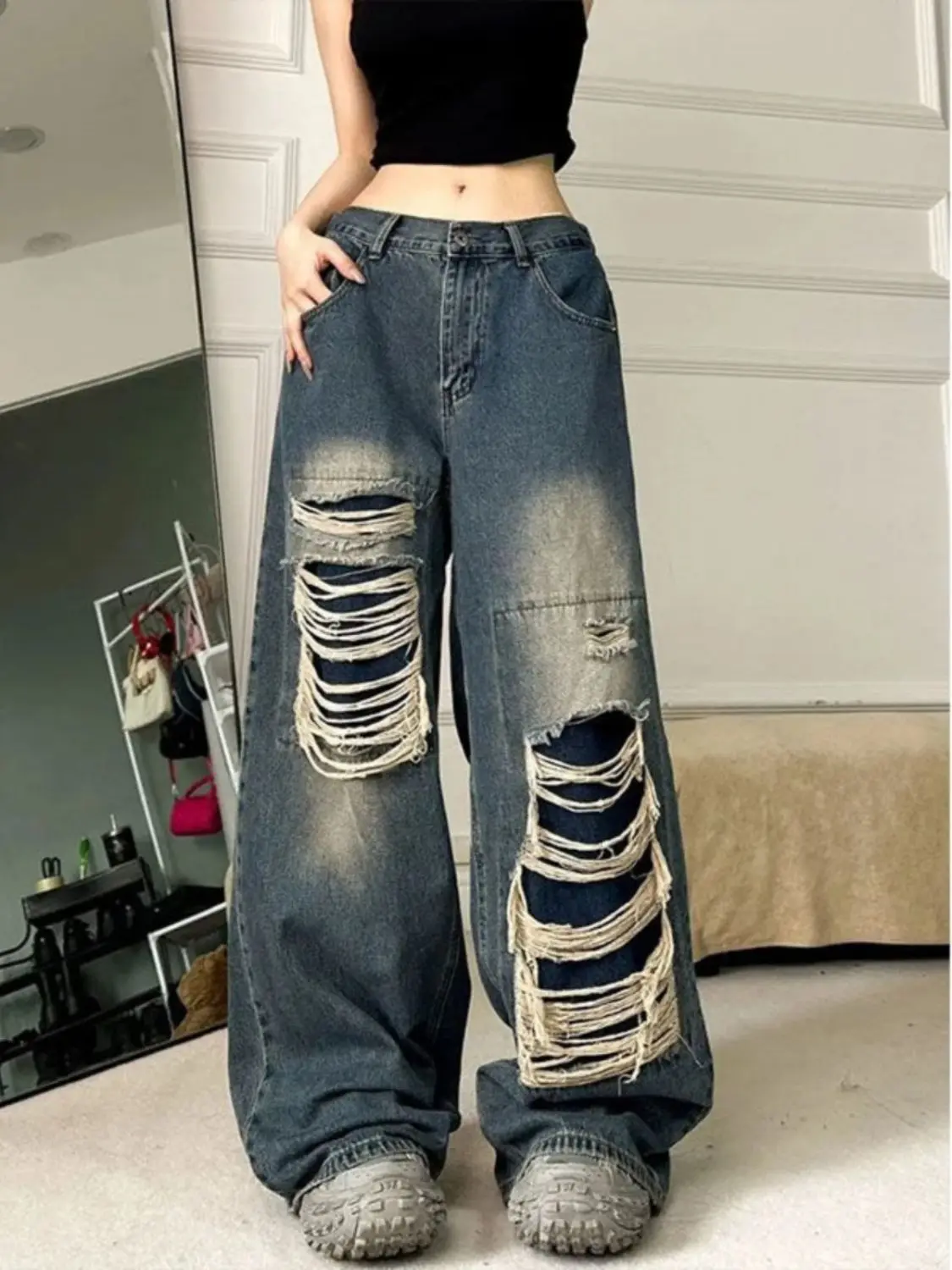 

American Retro Washed Ripped Jeans 2026 Spring Autumn Casual Fashion High Waist Distressed Women's Loose Denim Pants