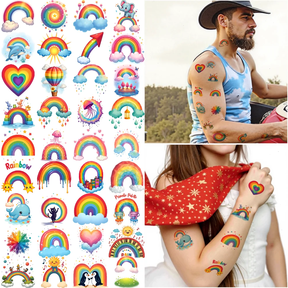 63 قطعة وشم مؤقت بألوان قوس قزح وشم كرتوني لطيف مقاوم للماء وملصقات الجسم طويلة الأمد للأكتاف والكبار