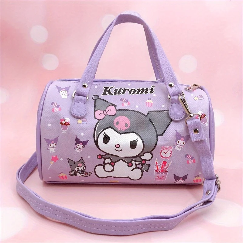 Kawaii Cartoon Graphic Barrel Bag - Waterproof PU Leather Round Crossbody Tote with Portable Design Ideal for Girls\' Travel