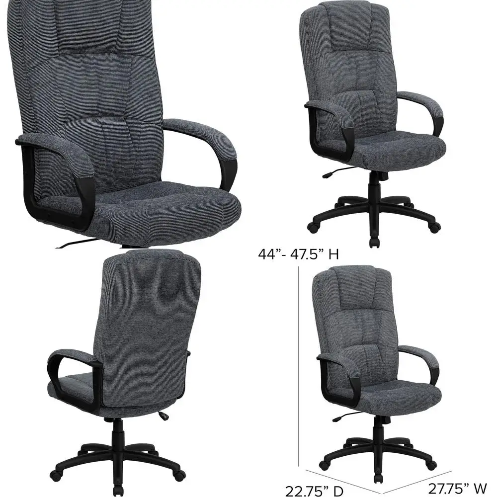 

Офисное кресло руководителя с высокой спинкой, серой тканевой обивкой, поворотное, с подлокотниками