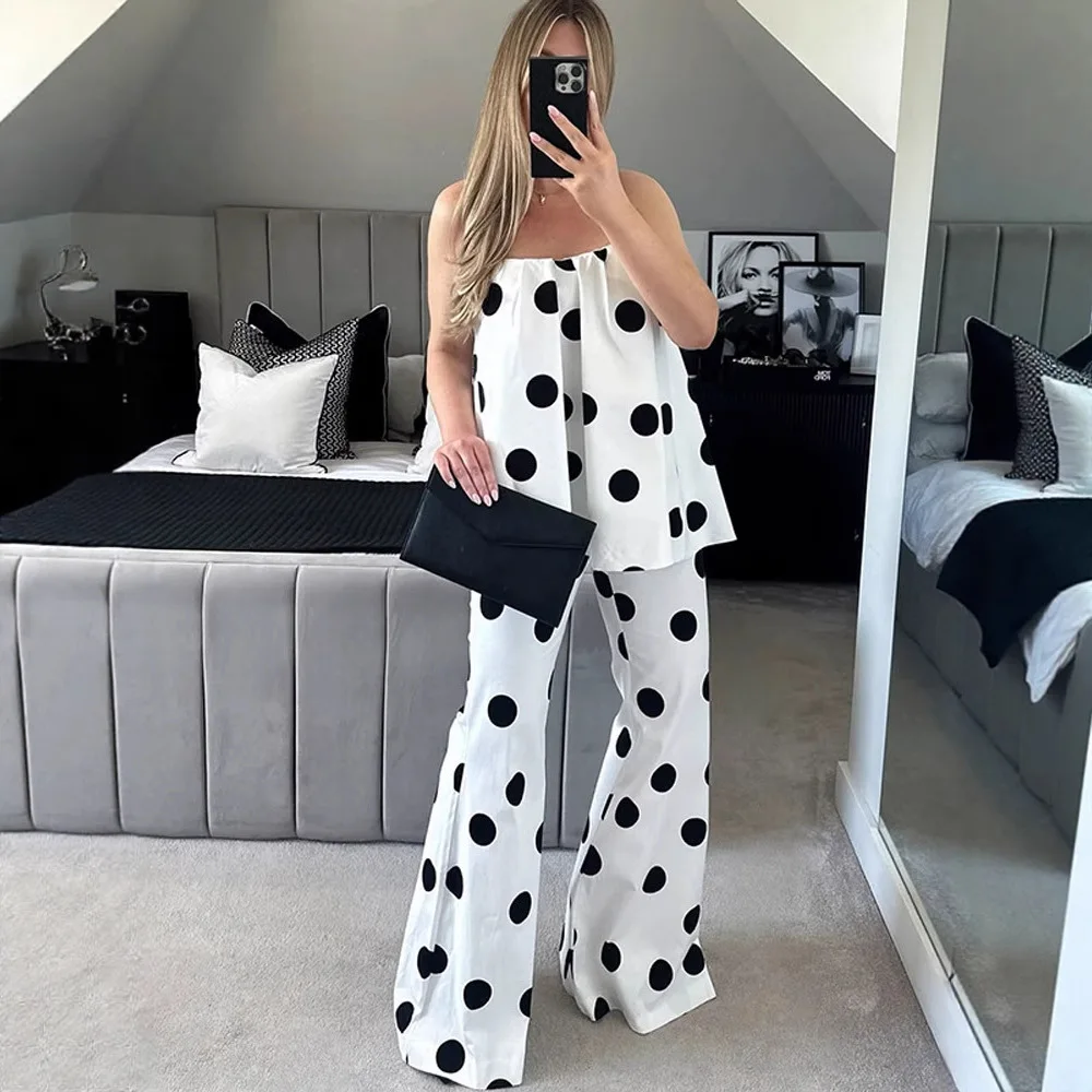 Polka dot chique senhora 2 peça conjunto verão casual outfit feminino férias streetwear sem alças colheita topos cintura alta calças de perna larga terno