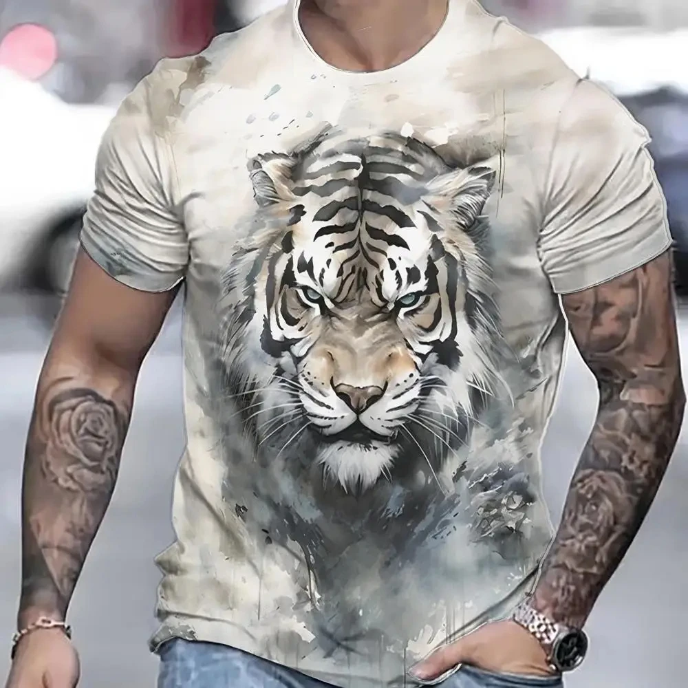 Summer Tiger men\'s T-shirt animal 3D printed men\'s short sleeved fashionable pullover, plus size top, casual men\'s clothing