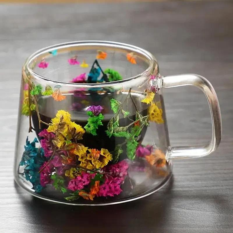 Dried Flower Double-layer Glass Coffee Cup,Simple Thick Cup Mouth Anti Scalding Milk Cup,Environmentally Friendly Heat-resistant