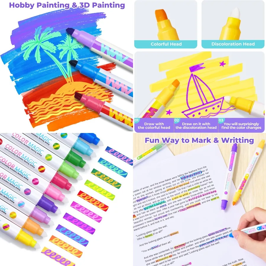 

JoyCat 10-цветные маркеры с двойным наконечником, волшебные маркеры разных флуоресцентных цветов для художественного ведения журналов, заметок