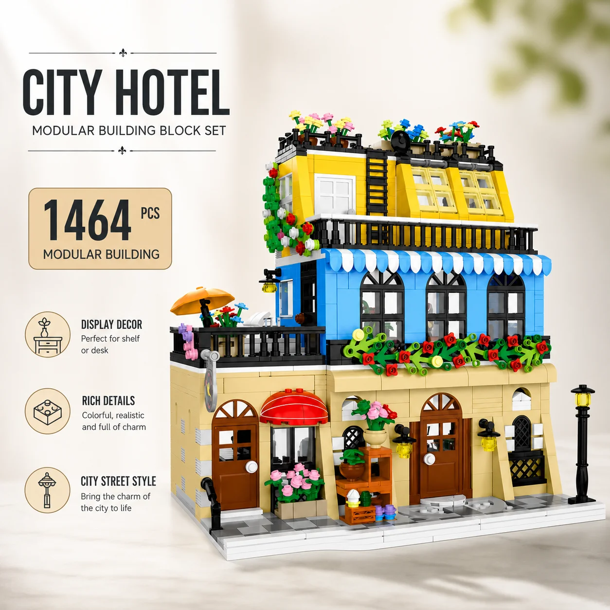 

City Hotel Building Blocks Set 1464PCS Modular Vacation House Model with Terrace Flowers Street Lamp Toy English Version