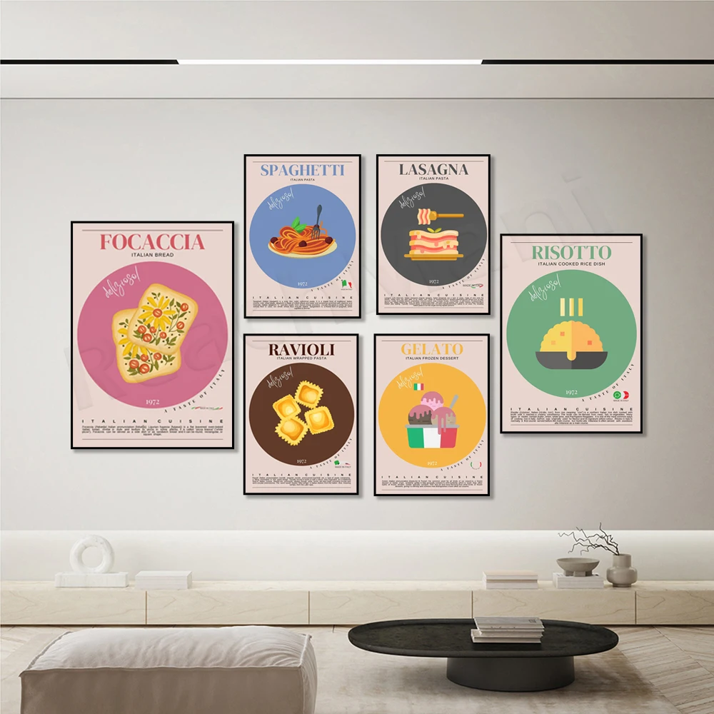 Italienisches Essen, Nudeln, Kanoli, Baguette, Ravioli, Risotto, Lasagne, Dessert, Pizza, Eis, Küchendekorationsplakat