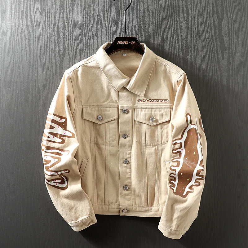 

Faionable ort Denim Casual Collar Jaet for Men Comfortable Printed irt Sle Outerwear for Autumn Spring Seasons