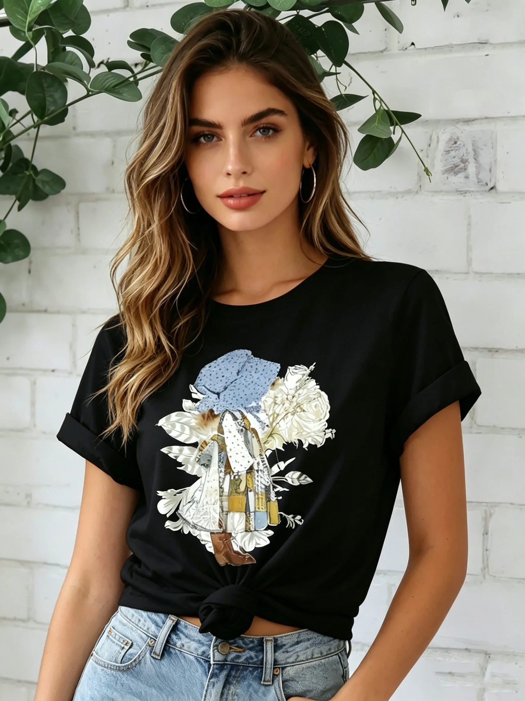 2026 new model Vintage Blue Bonnet Girl  Rose Graphic T Shirt Women Casual Round Neck Short Sleeve Tee Summer Loose  Fashion Top