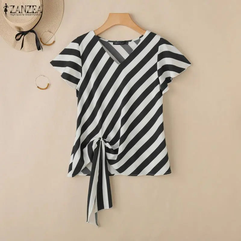 ZANZEA 우아한 여성 섹시한 브이넥 블라우스 반소매 스트라이프 셔츠 여름 밴디지 레이스업 캐주얼 OL 탑 러플 소매 블라우스