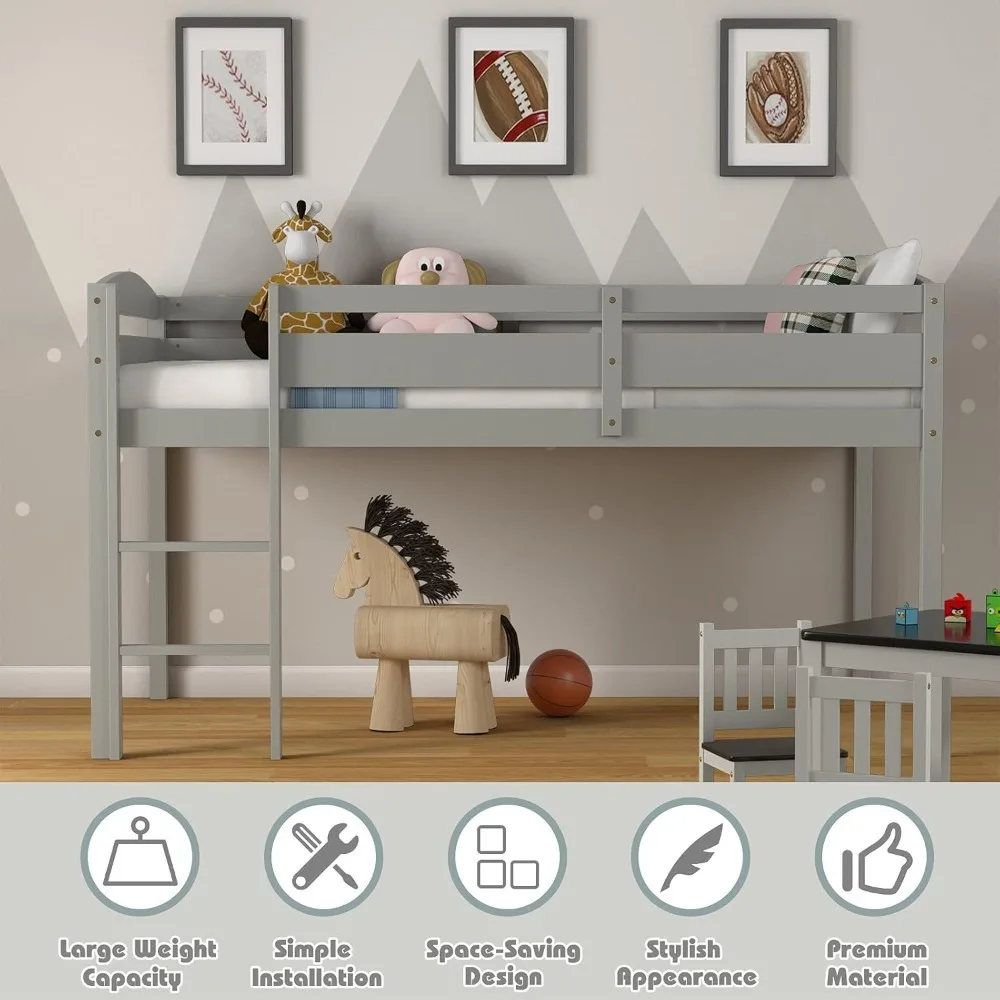 Costzon-cama doble de madera maciza para Loft, cama baja con riel protector y escalera, para habitación de niños y niñas, sin resorte de caja