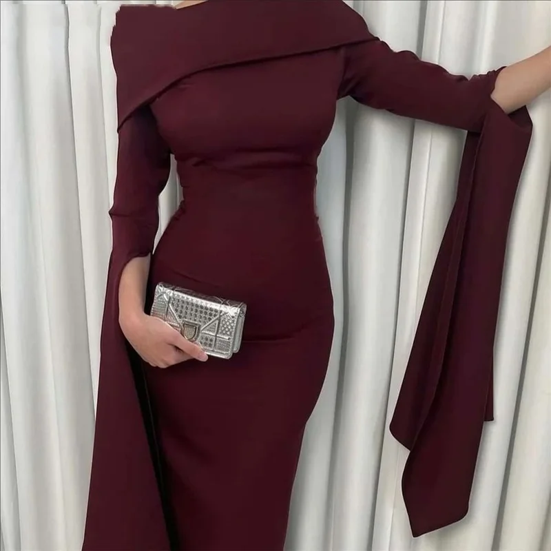 

Burgundy Stain Party Dress Ruched Trumpet Night Dress Off the Shoulder Evening Celebrity Dresses with Pleats Customized