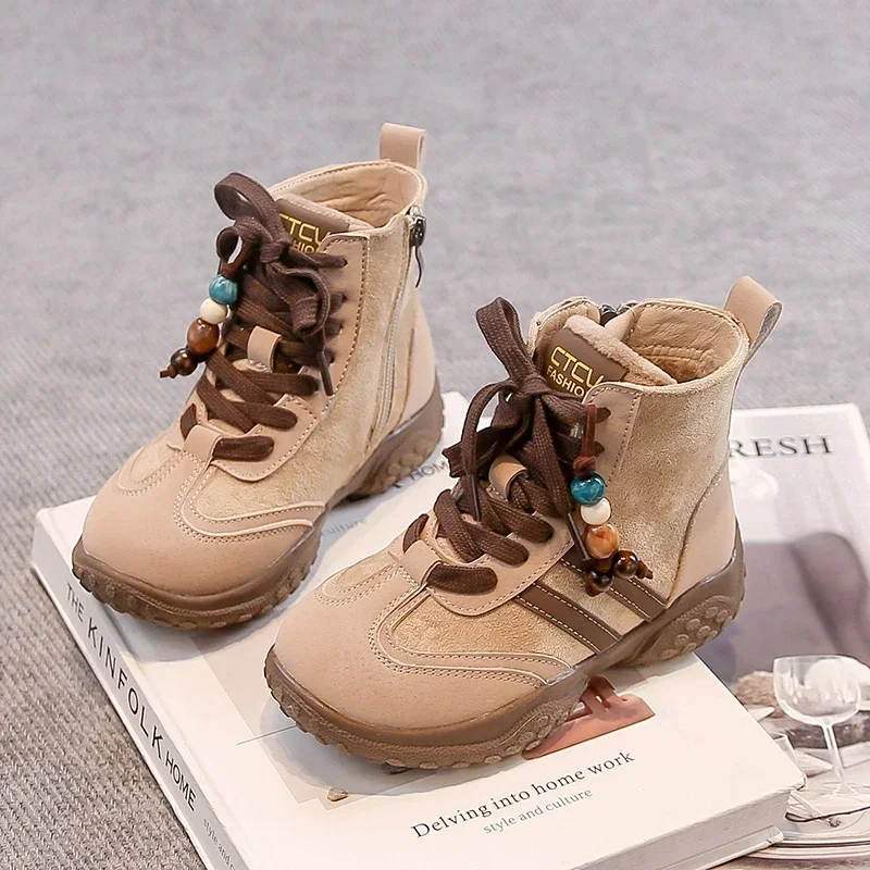 

Детские повседневные ботинки, замшевые теплые детские полусапожки в полоску с боковой молнией, новинка зимы 2025, кожаные ботинки для мальчиков и девочек с круглым носком