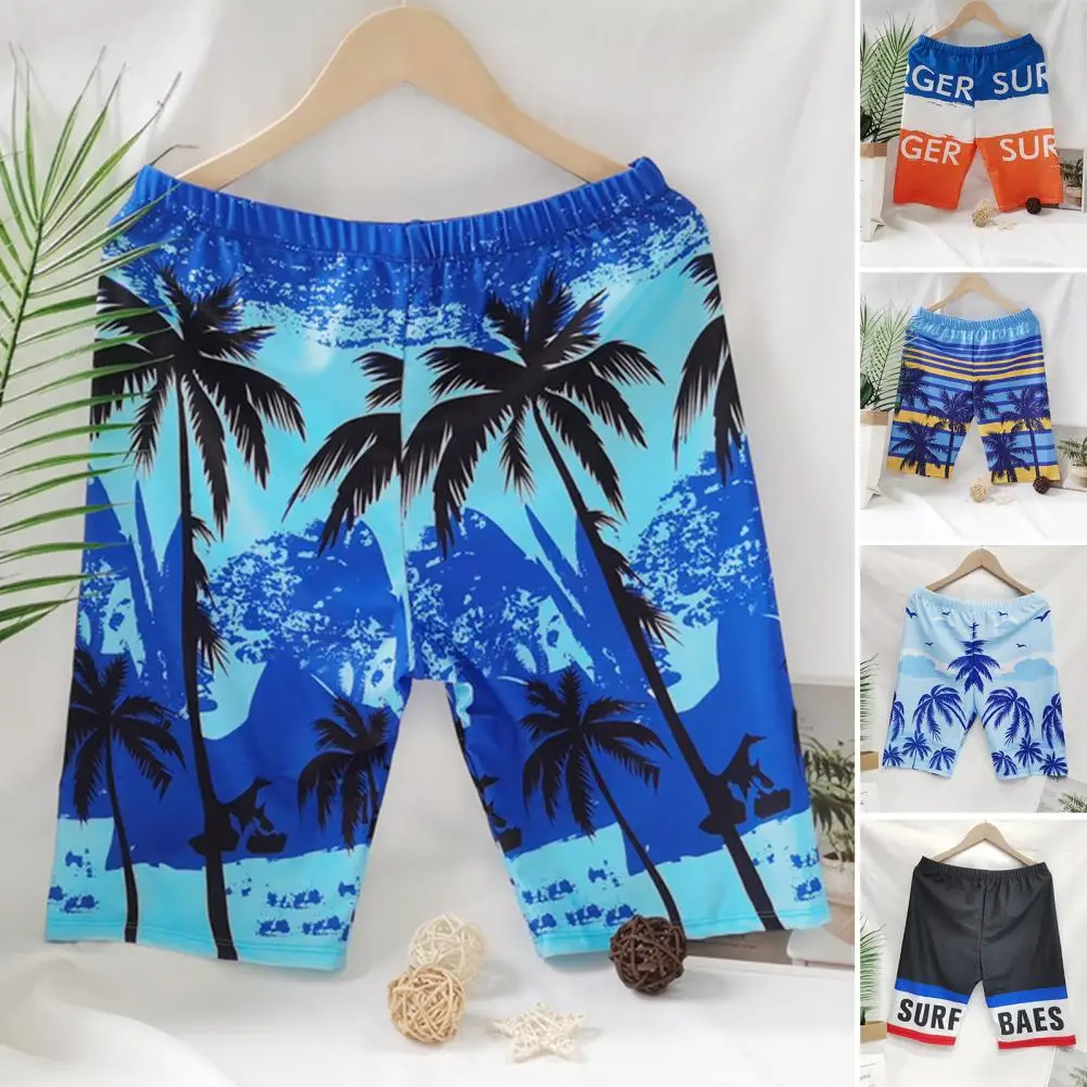 

Men Summer Shorts Floral Print Elastic Waist Quick Drying Striped Contrast Color Summer Vacation Swimming Shorts Men Clothes