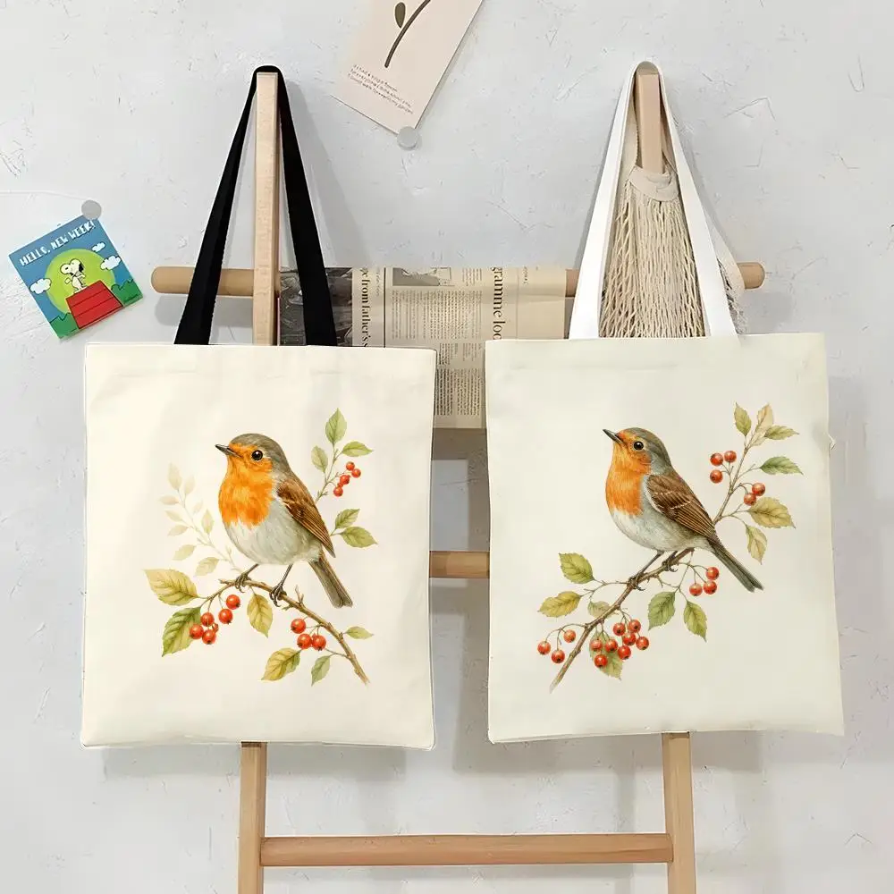 Red Robin on Berries Storage Bags Canvas Tote Bag Women Large Capacity Reusable Shopping Shoulder Bag Daily Handbag