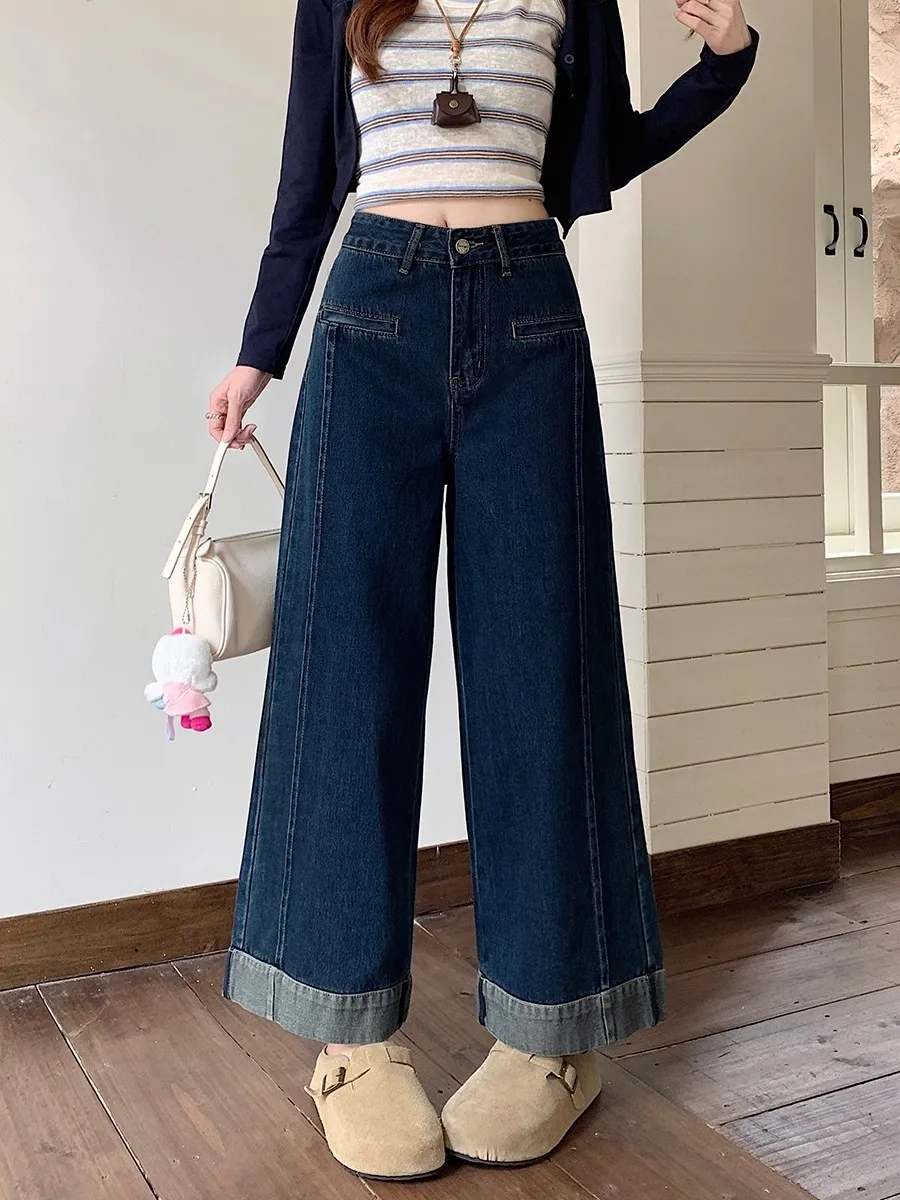 High Waist Wide Leg Blue Jeans Women's Spring Autumn Loose Fit Straight Cut Trousers Denim Fabric Casual High Quality
