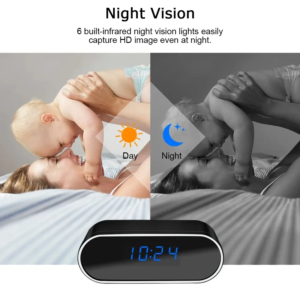 Wireless mini clock camera supports WiFi night vision IP HD 4K camera, used for home and office monitoring, nanny network cam - Image 3