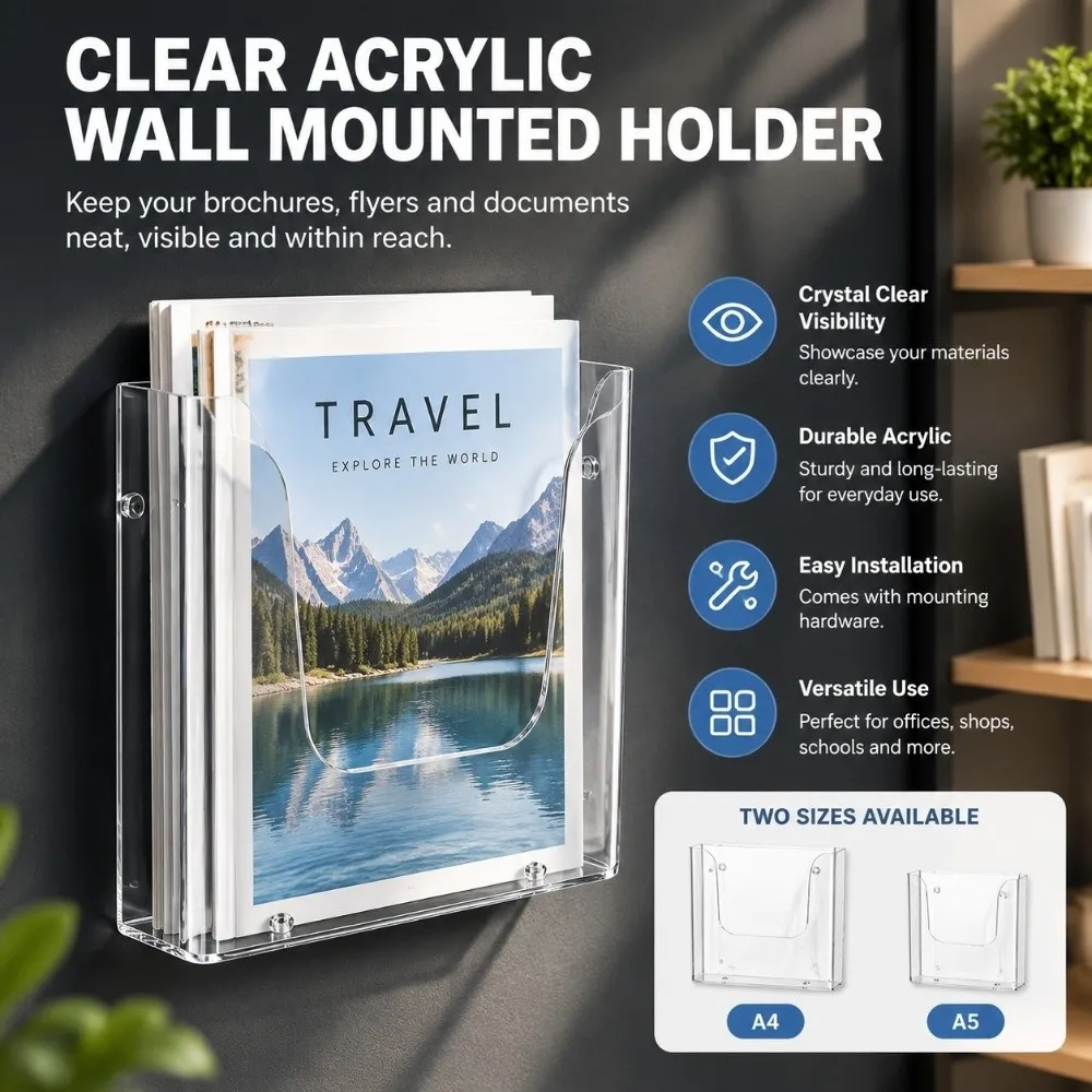 Durable Wall-Mounted Clear Literature Holder A4 A5 Single Layer File Organizer Display Rack Storage File Rack Magazine