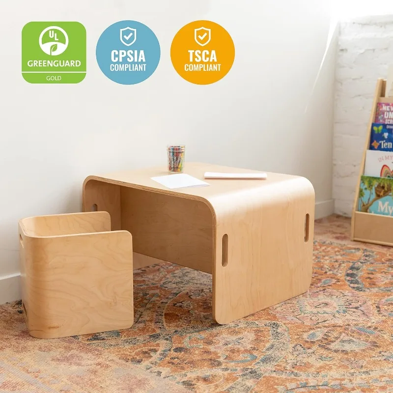 Ensemble de table et chaise polyvalentes en bois courbé, meubles pour enfants, naturels, 3 pièces