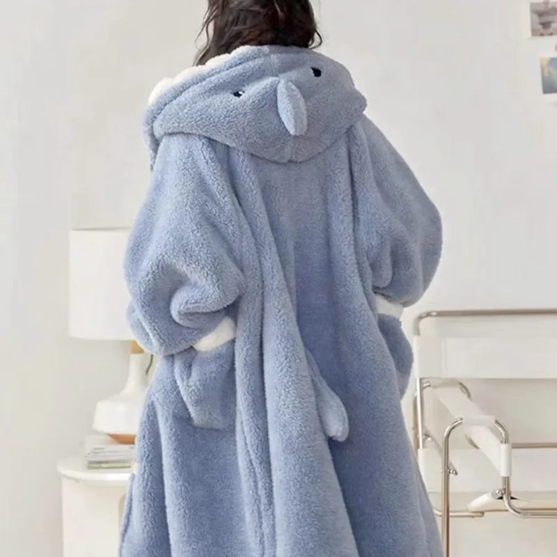 Women\'s Pajamas Thickened Warm Flannel Cartoon Shark Sleeping Robe Animal women\'s Two Pieces set Men Women Plush Thick Sleepwear