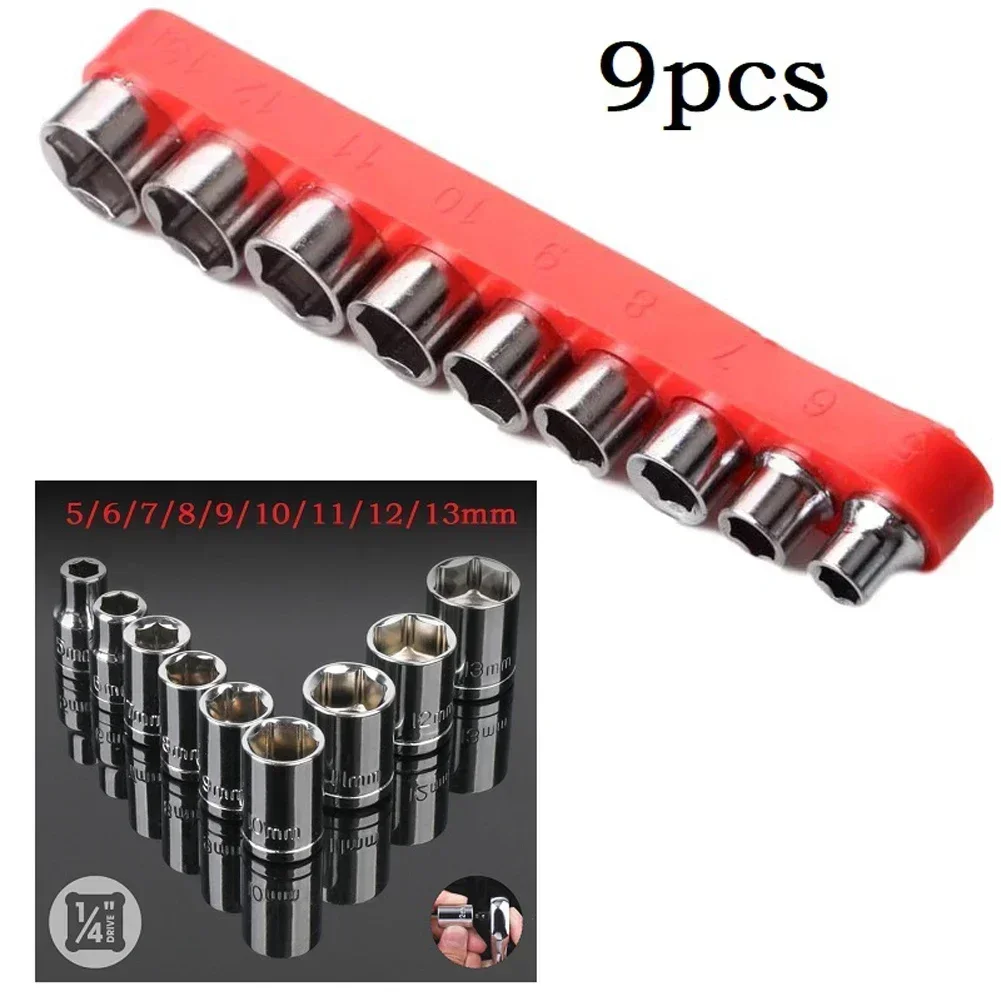 9 Pcs 1/4 Inch Drive 5-13mm Hex Bit Metric Socket Wrench Head Set Sleeve Wrench Adapter Auto Repair Tool For Sleeve Base