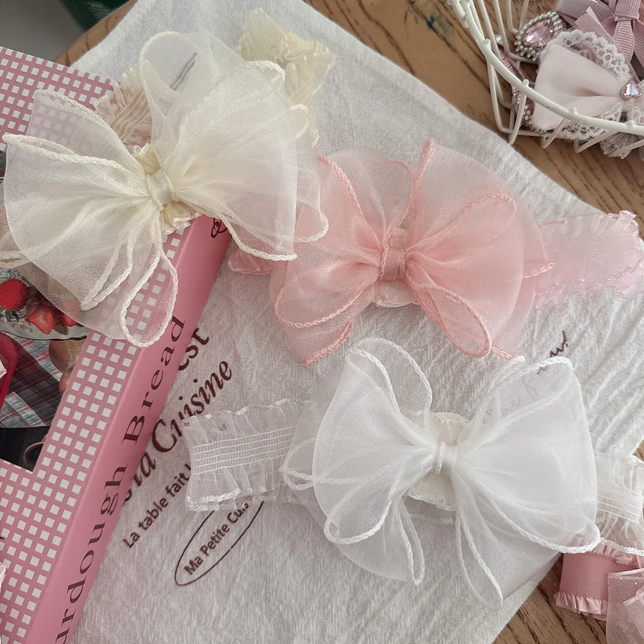 Silver Crown Hair Strap Sweet Cherry Blossom Gauze Headband Pink Rose Hairband Large Flower Baby Headwear Newborn Hair Accessory