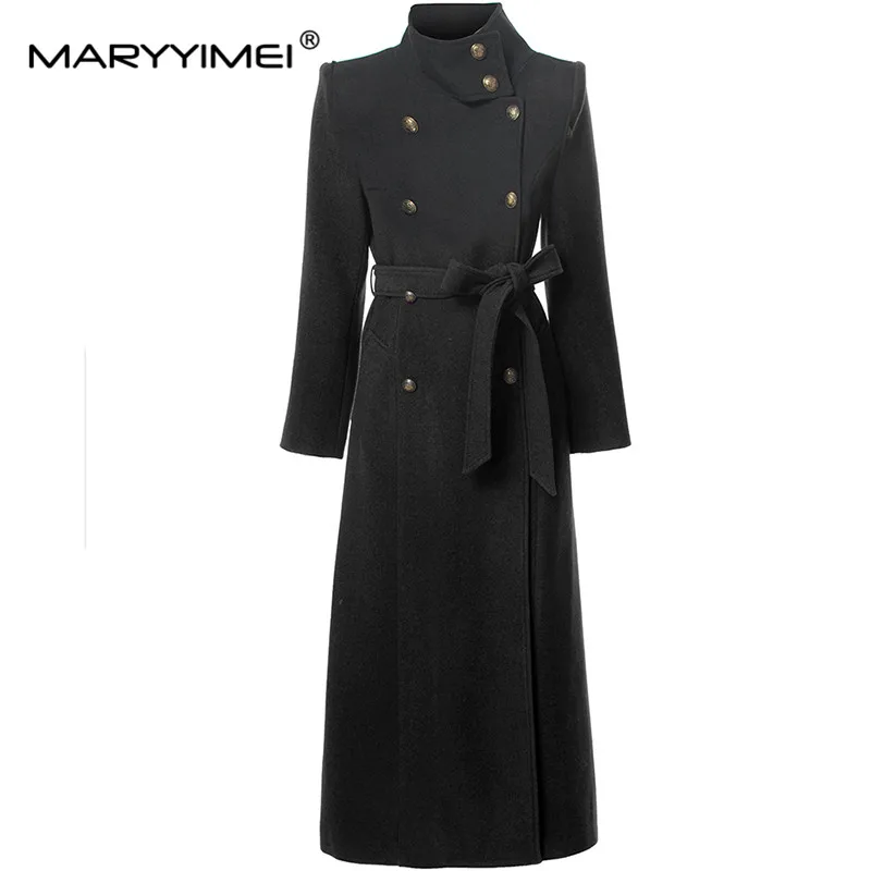 MARYYIMEI Dames Nieuwe Stijl Jas Coltrui Lange Mouwen Lace-Up Slanke Wijnrood Herfst en Winter Lange Overjas