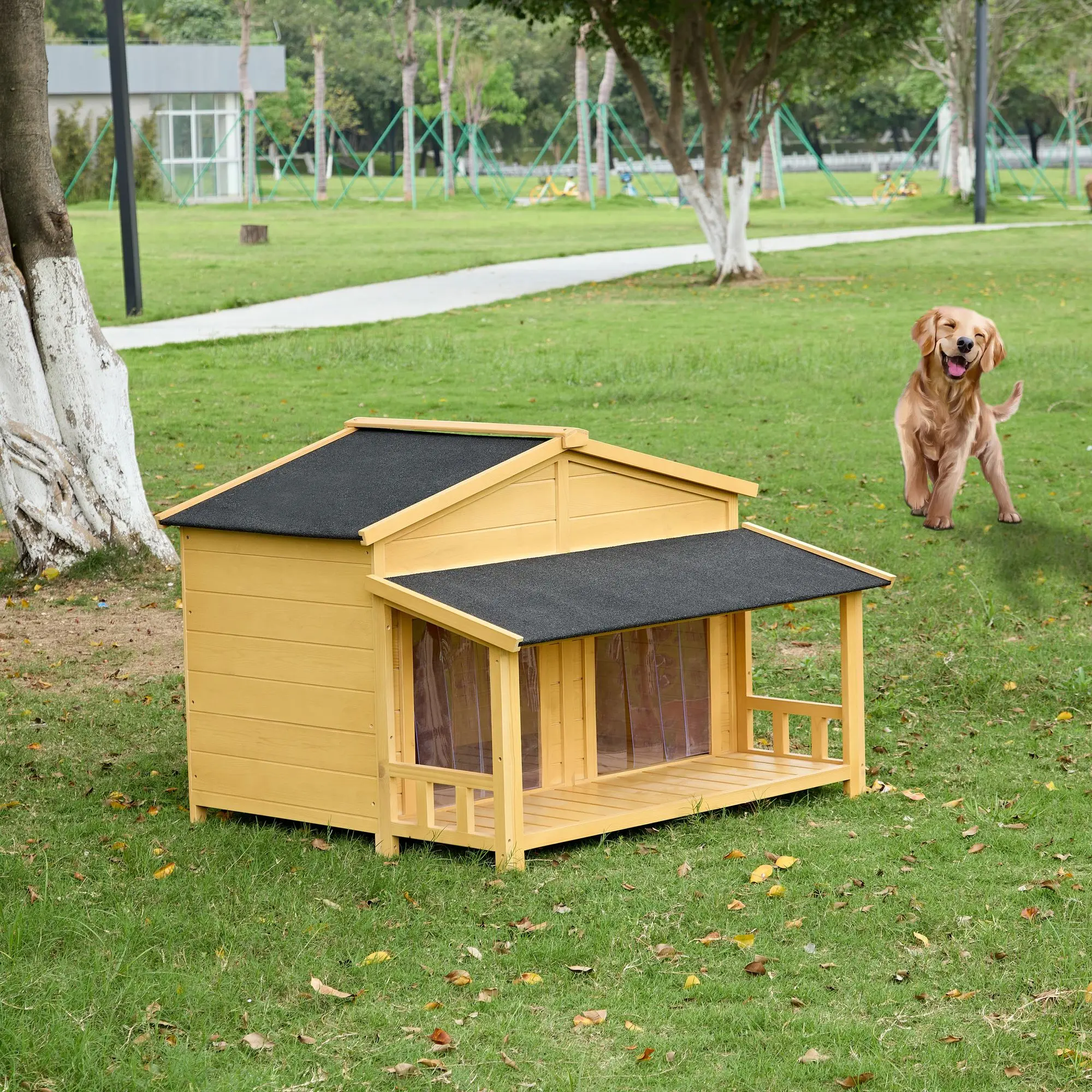 

Waterproof dog crate kennel, wooden outdoor and indoor dog house, medium size, with porch, raised floor, asphalt roof, 2 doors