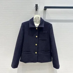 2024 New Early Autumn Navy Wool Blends Tweed Jacket Women Lapel Long Sleeve Gold Buttons Front Pocket Preepy Style Retro Coat