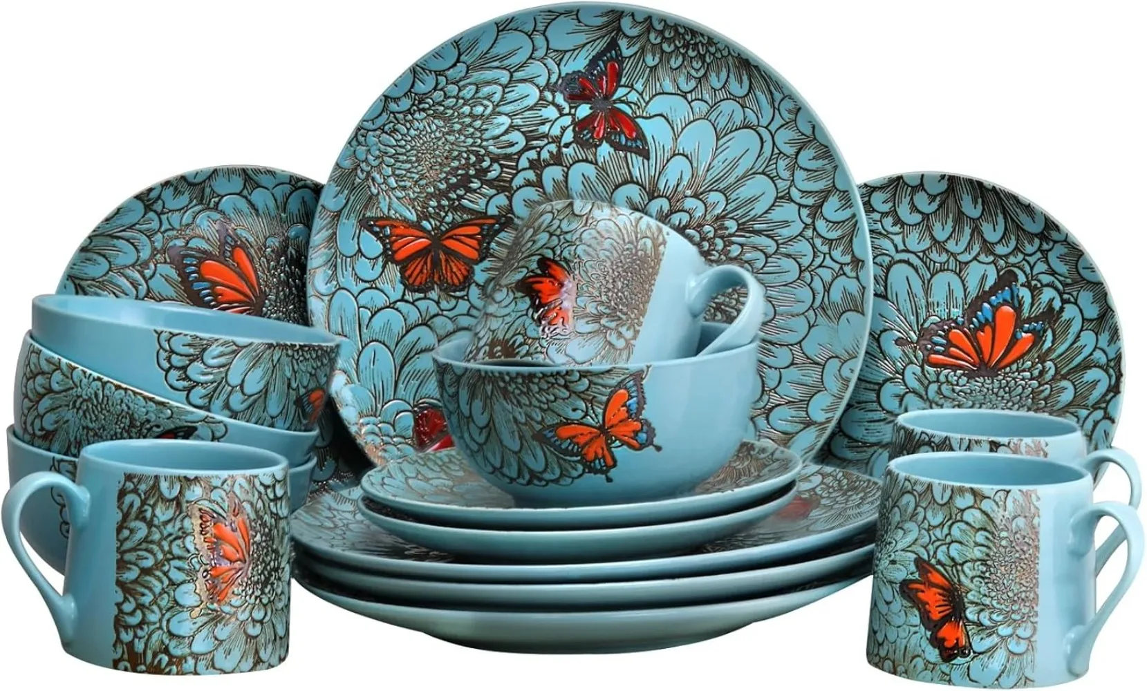 

Butterfly-Garden, 16pc Dinnerware, blue, Microwave and Dishwasher Safe