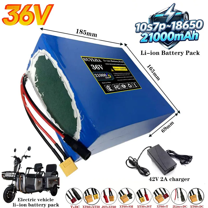 36V 21000mAh 18650 Lithium Battery Pack 10S7P 30A BMS for 1000W Motor Electric Scooter Tricycle Delivery E-Bike with Charger