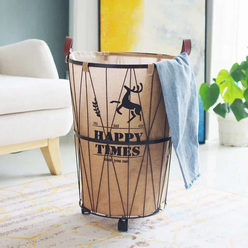 Hollow Out Iron Laundry Basket with Wheels: Home Storage Solution, Waterproof and Convenient for Moving, Durable Mobile Bin