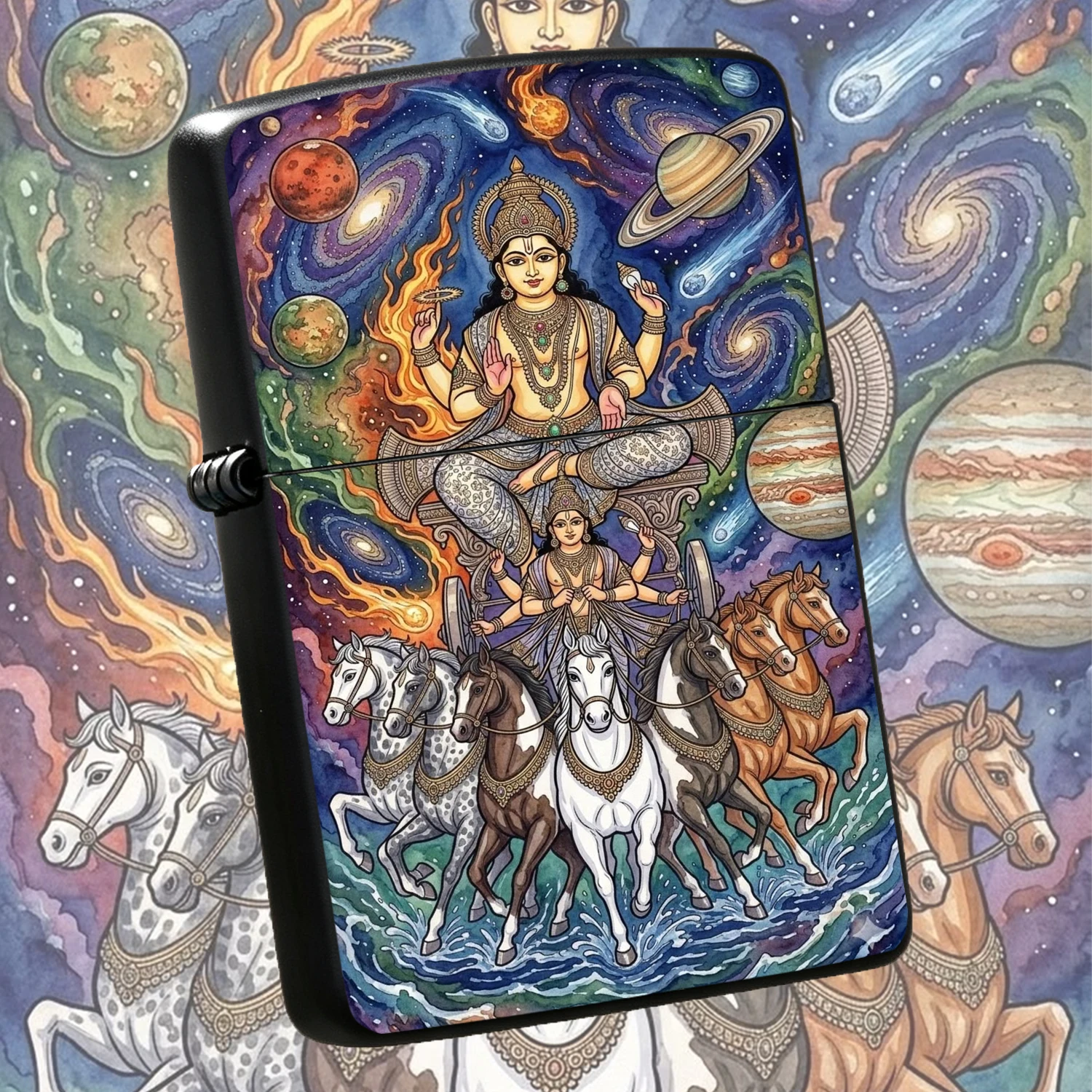 Hindu Sun God Surya Themed Lighter With Cosmic Galaxy Pattern, Portable Multi-Scene Usable Igniter, Exotic Mythology Cultural Decor, Unique Meaningful Festival Gift For Spiritual Culture Lovers A Humorous And Interesting Lighter