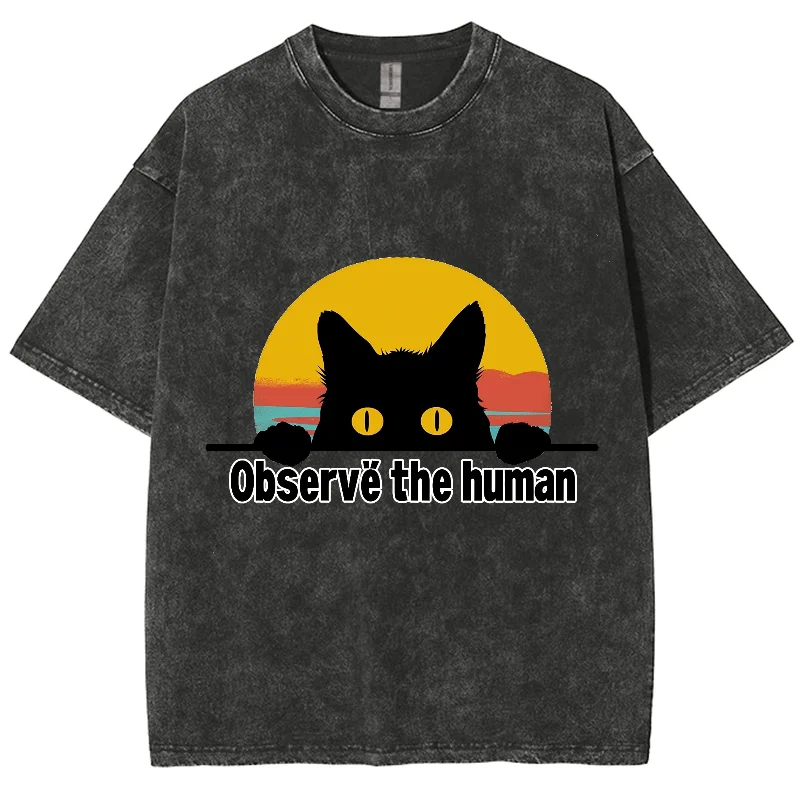 Black Cat Printing Short Sleeves 15 Colors T-Shir Trend Fashion Summer Loose Version European and American Plus Size Streetwear