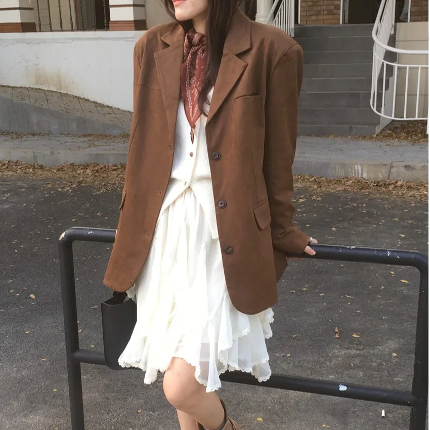 

Женский весенне-осенний костюм в стиле ретро Jaet Long Sve с отложным воротником на одной пуговице, замша с оленем, бархатный костюм для поездок на работу