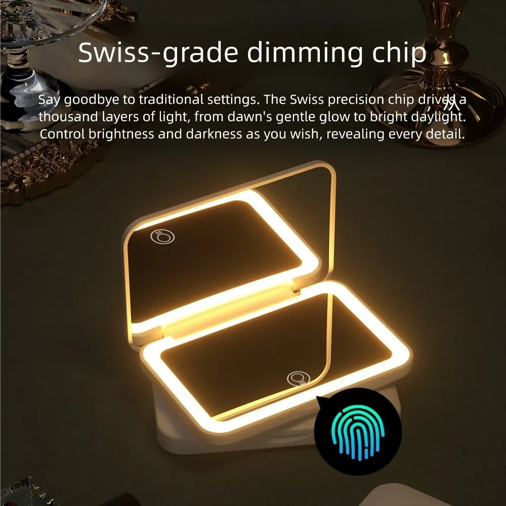 Mini-Klapp-Make-up-Spiegel, tragbar, vergrößernd, ästhetische Kosmetikspiegel, dimmbar, 3-farbige Beleuchtung, LED-Licht, Desktop-Spiegel
