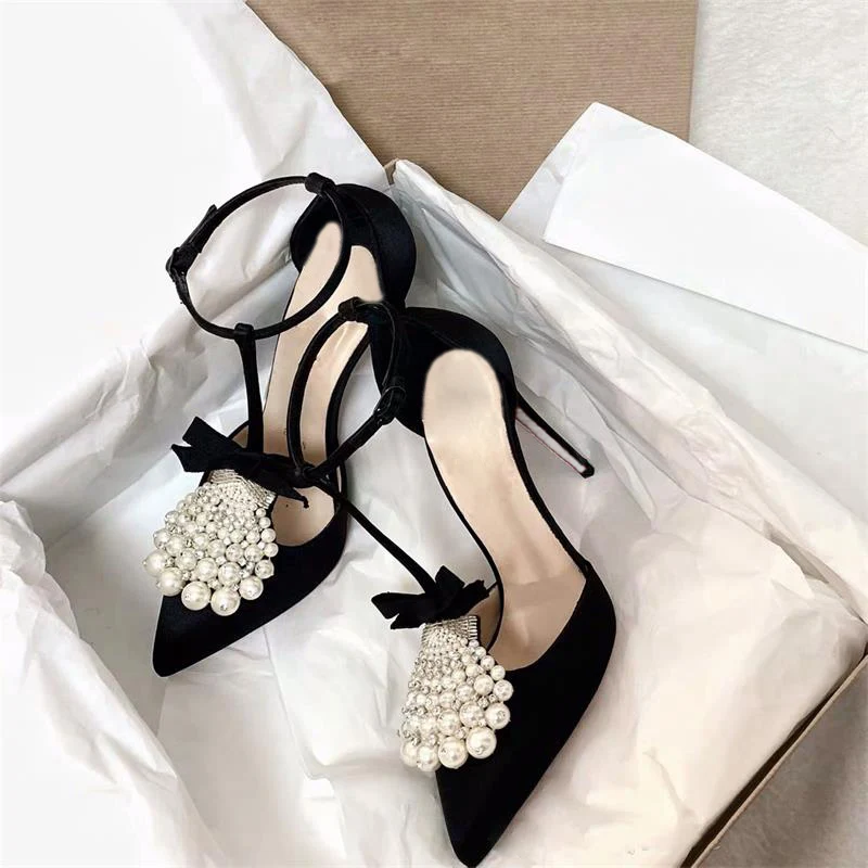 

Black Silk Fan-Shaped Pearls Bow T-Straps Sandals Stiletto Heels Pointed Toe Summer Pumps Beading Party High Heels Woman Shoes