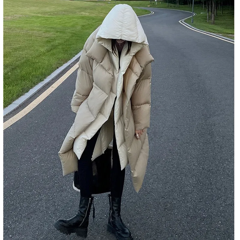 عالية الجودة الأبيض بطة أسفل سترة المرأة 2025 شتاء جديد وهمية قطعتين مجموعة طويلة مقنعين أسفل معطف الإناث الدافئة باركر معطف