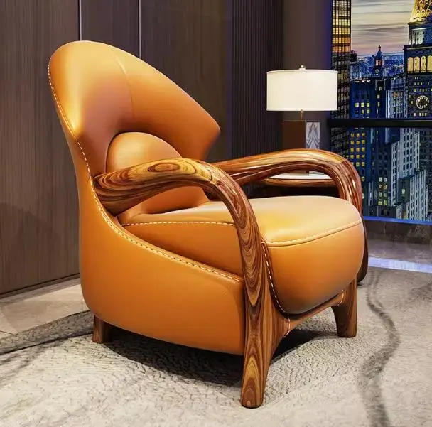 

Luxury noble solid wood leather single leisure chair designer sofa high back tiger chair villa living room