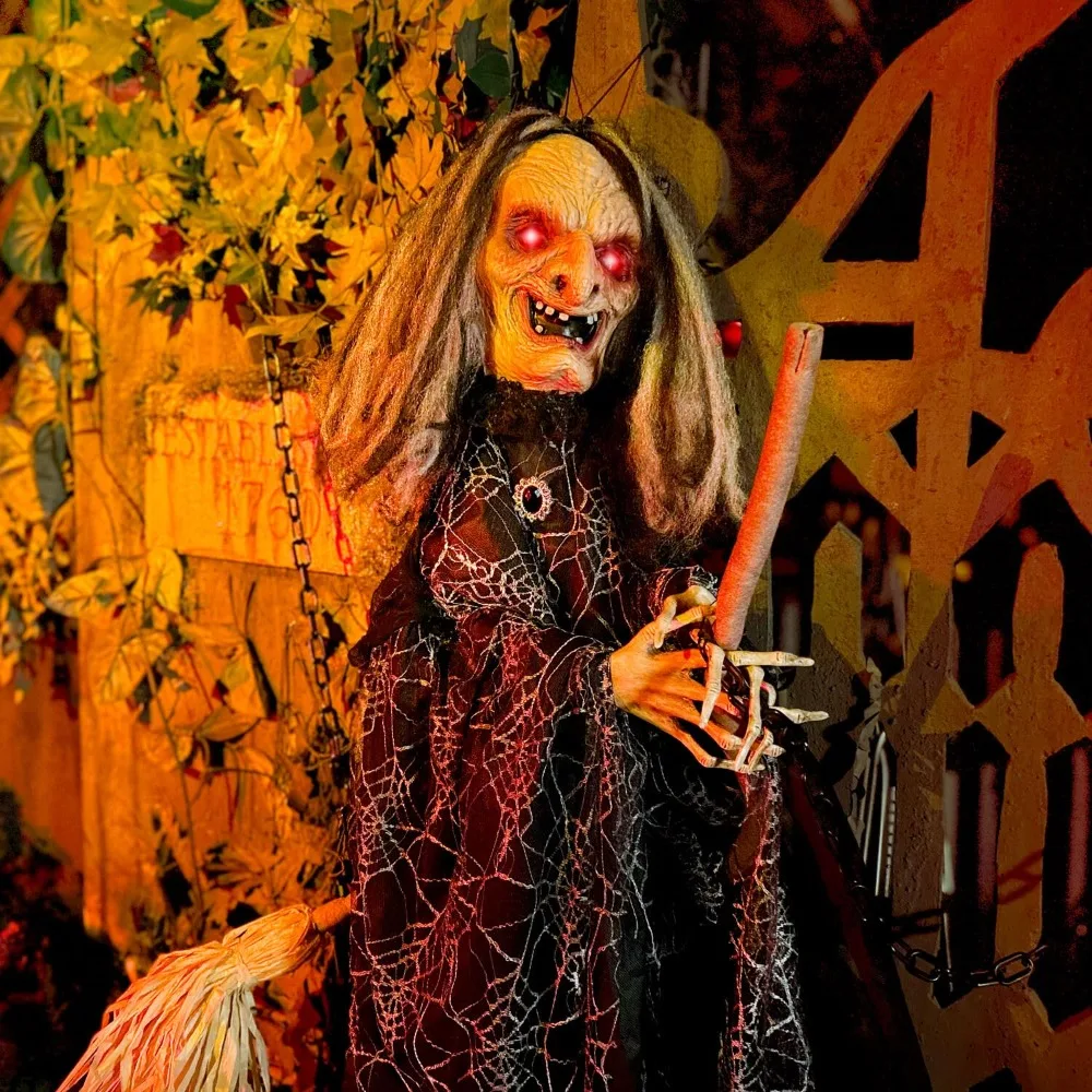 Outdoor Halloween Decoration Animatronic Scary Witch Door Greeter with Touch Activated Lights and Sound, Battery-Operated Indoor