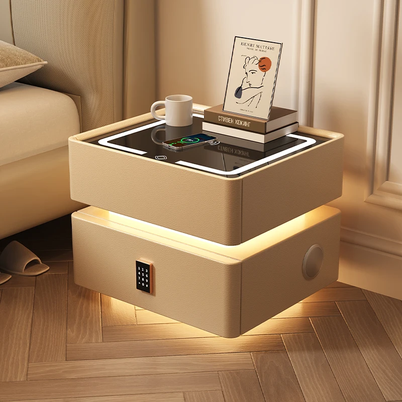 بسيطة وحديثة ذكية السرير الجدول ضوء غرفة نوم فاخرة الذكية السرير الجدول خزانة تخزين الخشب الصلب مع قفل #1