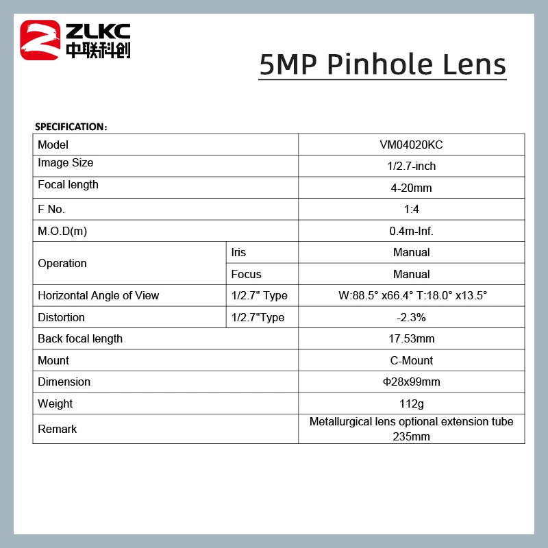 ZLKC 4-20mm Pinhole Lens 1/2.7 inch Machine Vision C-Mount Camera F1.4 High Resolution Micro Zoom Lens VM04020KC