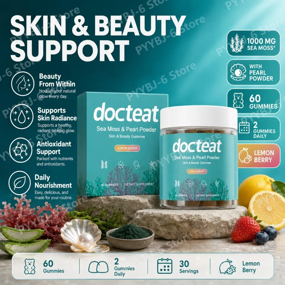 

Sea Moss Pearl Powder Gummies Skin Beauty Support Vitamin C E Aloe Vera Spirulina Lemon Berry Flavor 60pcs Dietary Supplement