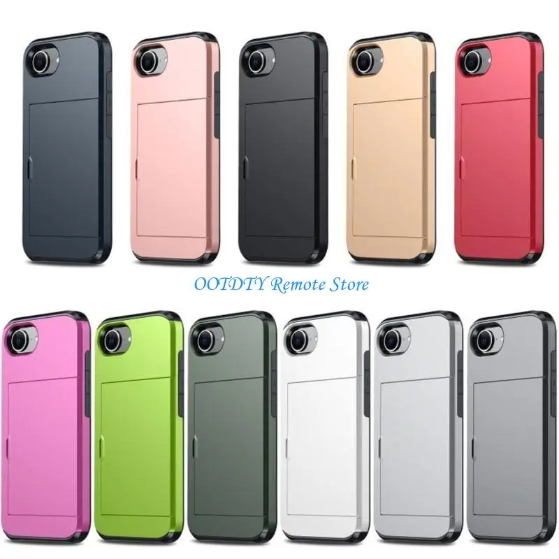 جراب هاتف مزود بغطاء جلدي مع فتحة لتخزين البطاقات وباب منزلق بطبقة مزدوجة ممتصة للصدمات للاستخدام اليومي