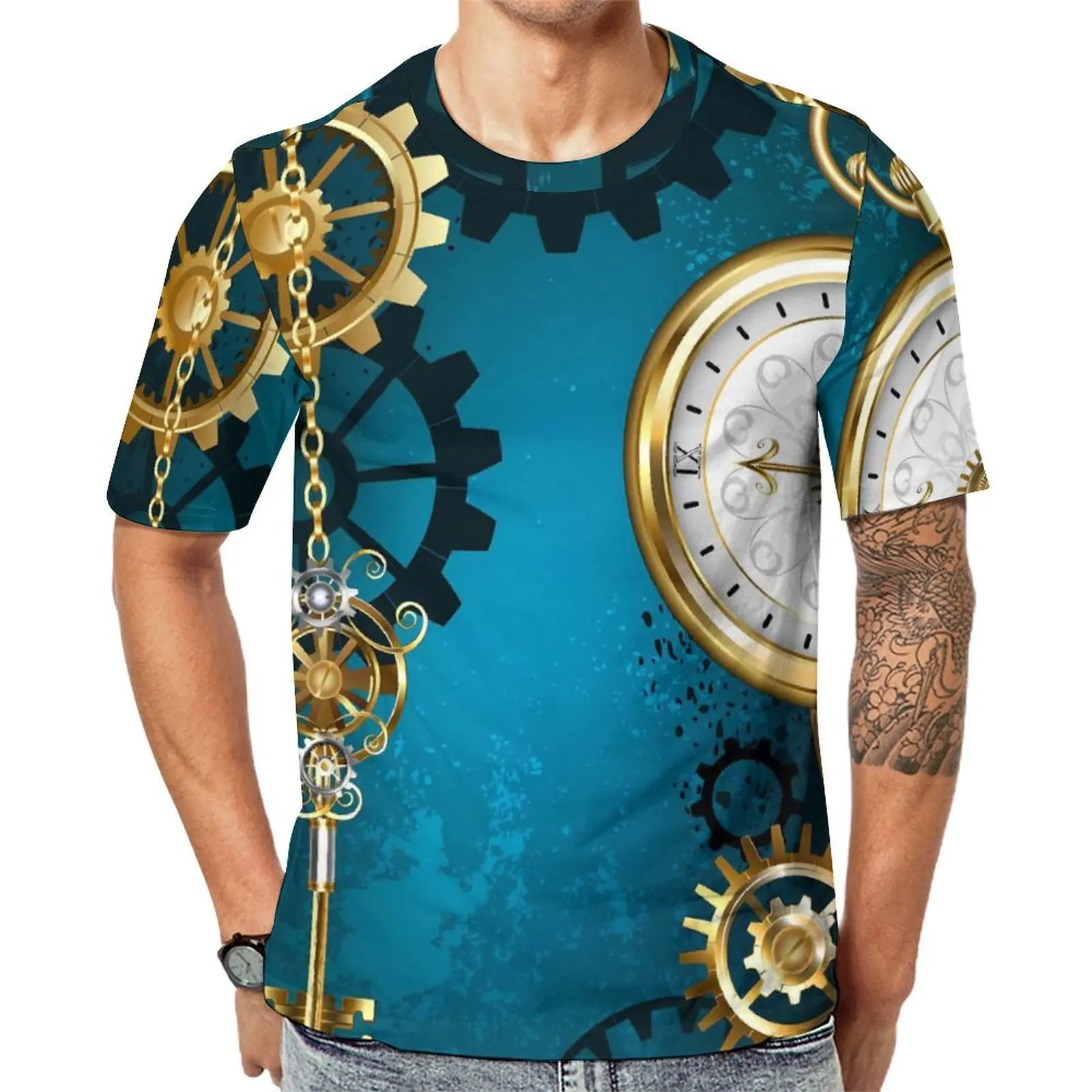 Premium T Shirt Steampun Clock T-Shirts Skeleton Key Print Casual Retro Tees For Male Short Sleeves Printed Oversized Clothes