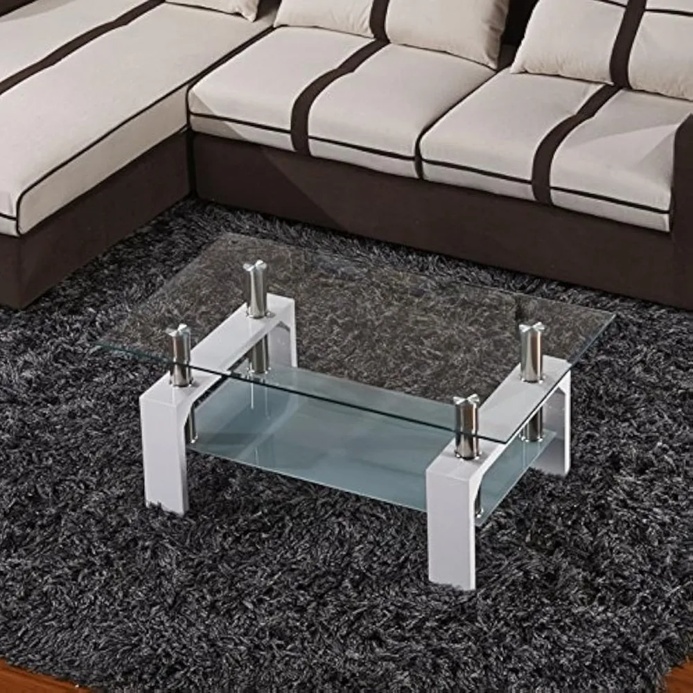 

Rectangle Glass Coffee Table-White Modern Side Coffee Table with Lower Shelf Metal Legs-Suit for Living Room