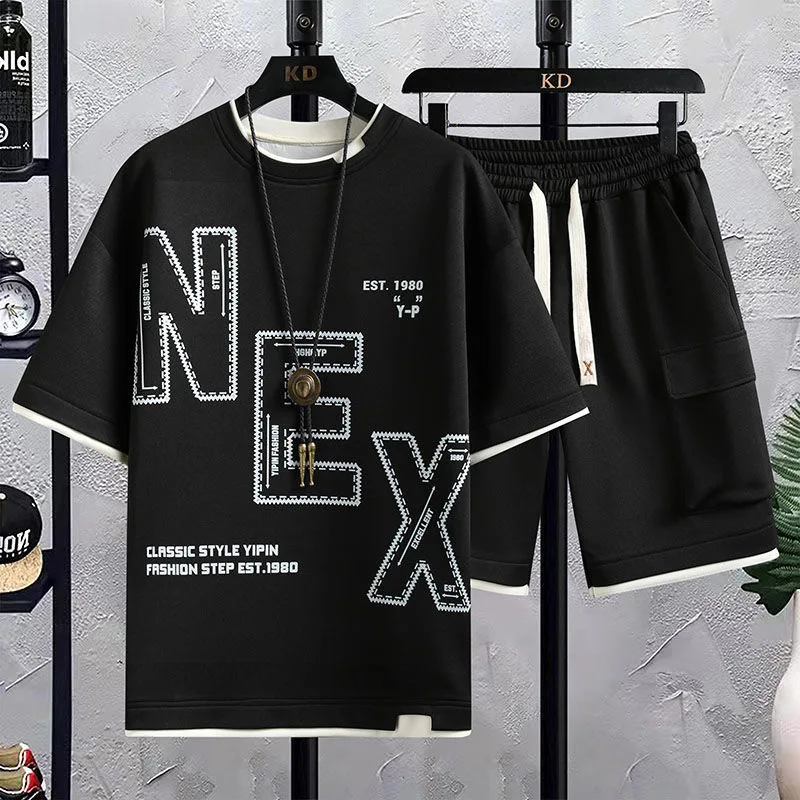 2024 Summer New Fashion Sports Letter Print Large Size Set Men's Casual Relaxed Comfortable Breathable Two-Piece Set M-4XL