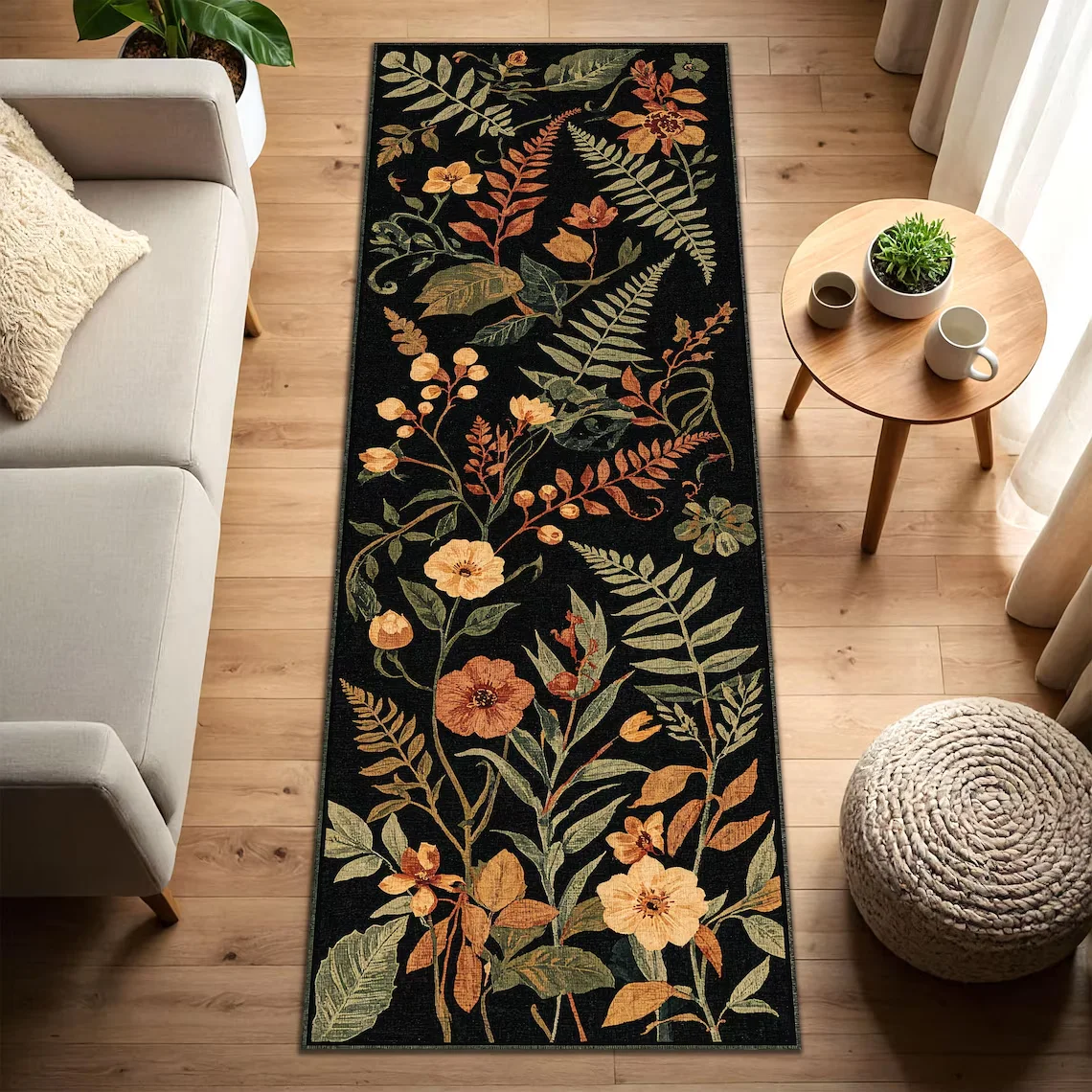 Rustic Floral Hallway Rug Non-Slip Washable Kitchen Runner Vintage Botanical Flowers & Ferns Print Floor Mat for Boho Home Decor