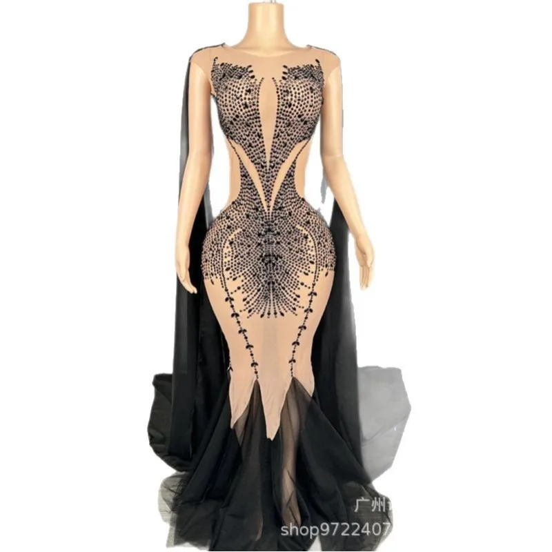 

Роскошное черное сетчатое платье со стразами для мытья полов, банкетное женское элитное вечернее платье, модель подиума, модная одежда, платье для выпускного вечера