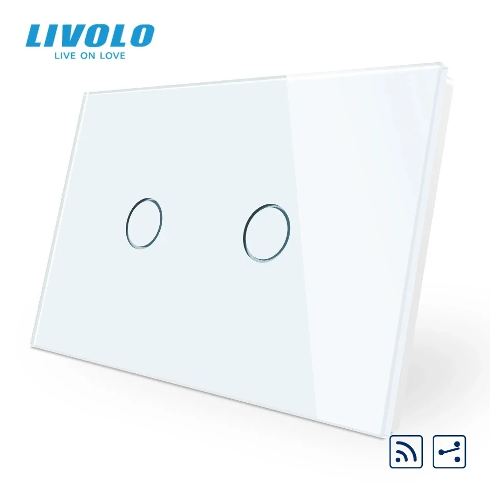 Livolo US/AU Standard 2 Gang 2 Way Wireless Remote Wall Light Switch,White Crystal Glass Panel,VL-C902SR-11,No Remote Controller