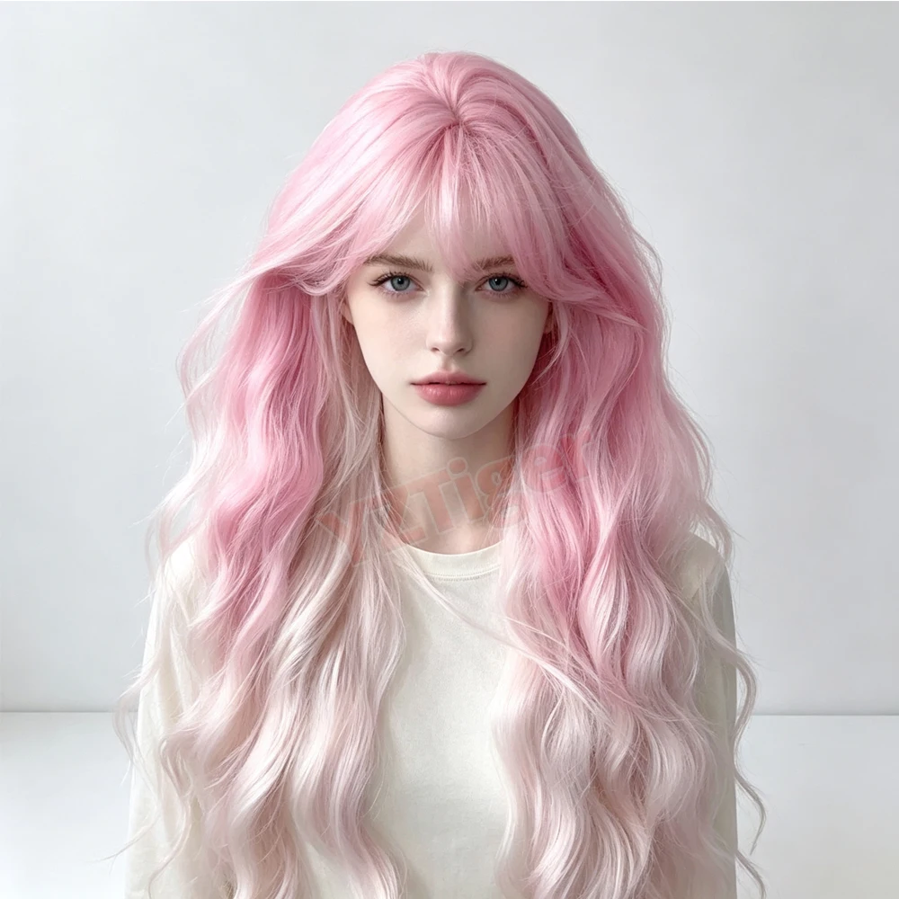 Pink White Lolita Wig Long Curly Synthetic Wigs with Bangs Heat-resistant for Women Halloween Cosplay Christmas Daily Party Use